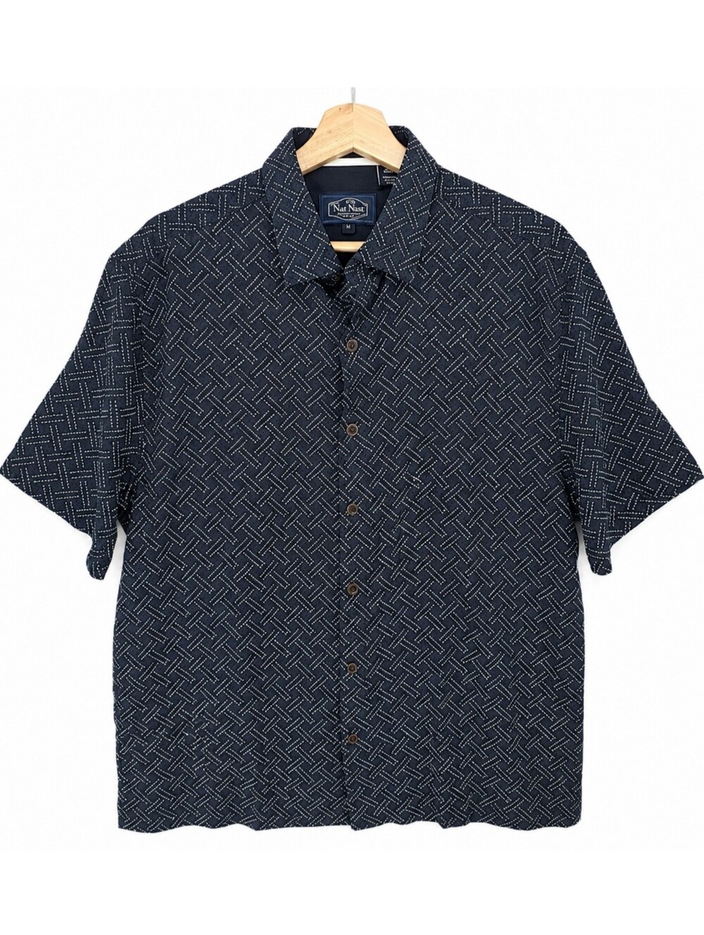 Nat Nast Silk Blend Camp Shirt Navy Blue Geometric Button Up Short Sleeve Mens M